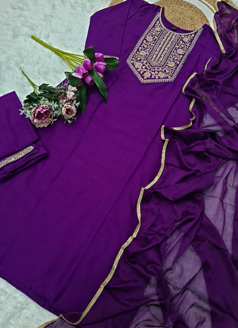 Vellora Rayon Slub Purple Casual Wear Sequins Work Readymade Suit | Grocsy