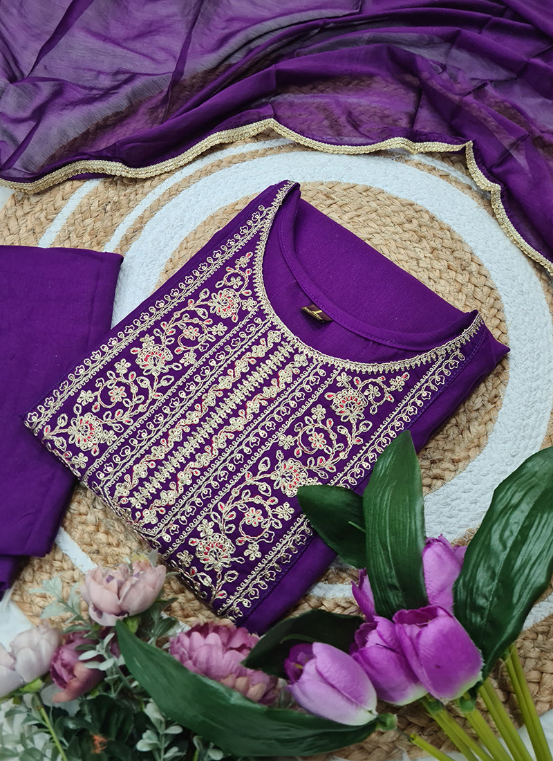 Vellora Rayon Slub Purple Casual Wear Sequins Work Readymade Suit | Grocsy