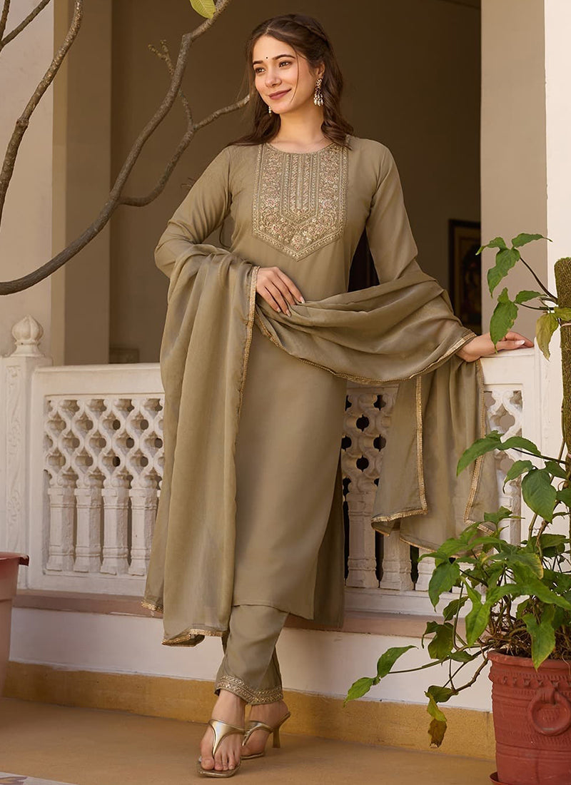 Vellora Rayon Slub Mint Green Casual Wear Sequins Work Readymade Suit | Grocsy