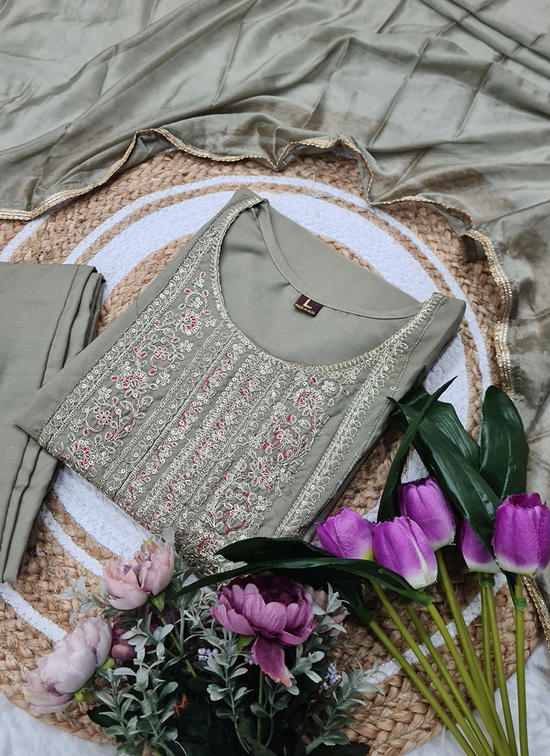 Vellora Rayon Slub Mint Green Casual Wear Sequins Work Readymade Suit | Grocsy