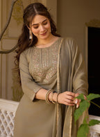 Vellora Rayon Slub Mint Green Casual Wear Sequins Work Readymade Suit | Grocsy