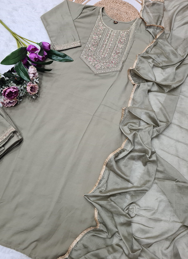 Vellora Rayon Slub Mint Green Casual Wear Sequins Work Readymade Suit | Grocsy