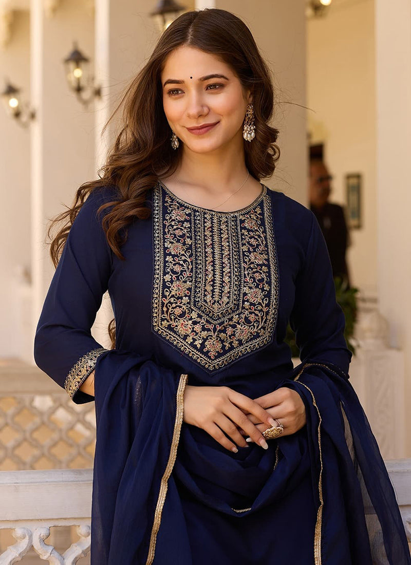 Vellora Rayon Slub Blue Casual Wear Sequins Work Readymade Suit | Grocsy