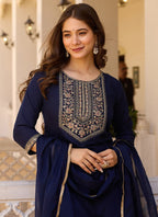 Vellora Rayon Slub Blue Casual Wear Sequins Work Readymade Suit | Grocsy