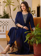 Vellora Rayon Slub Blue Casual Wear Sequins Work Readymade Suit | Grocsy