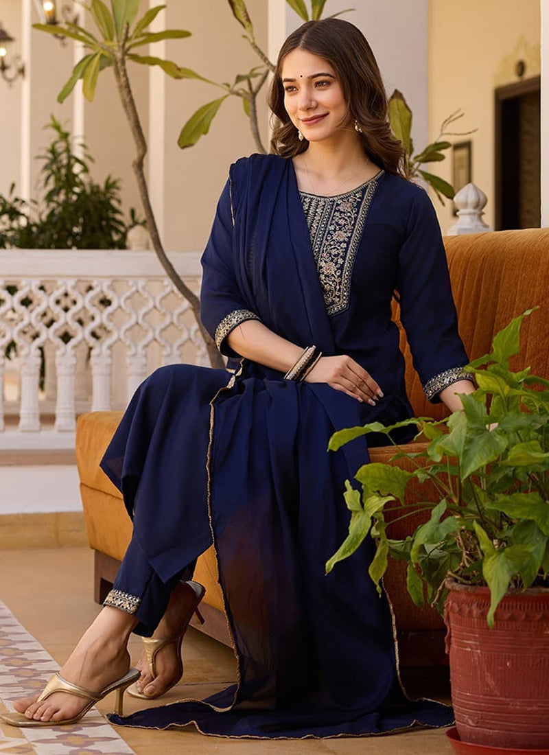 Vellora Rayon Slub Blue Casual Wear Sequins Work Readymade Suit | Grocsy
