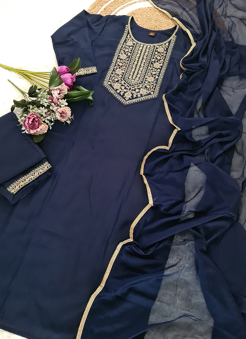 Vellora Rayon Slub Blue Casual Wear Sequins Work Readymade Suit | Grocsy