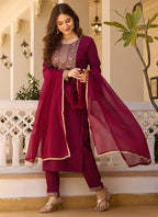 Vellora Rayon Slub Burgundy Casual Wear Sequins Work Readymade Suit | Grocsy