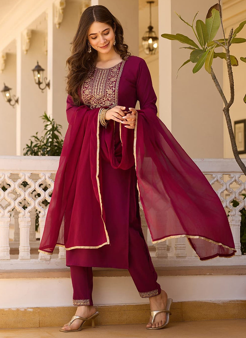 Vellora Rayon Slub Burgundy Casual Wear Sequins Work Readymade Suit | Grocsy