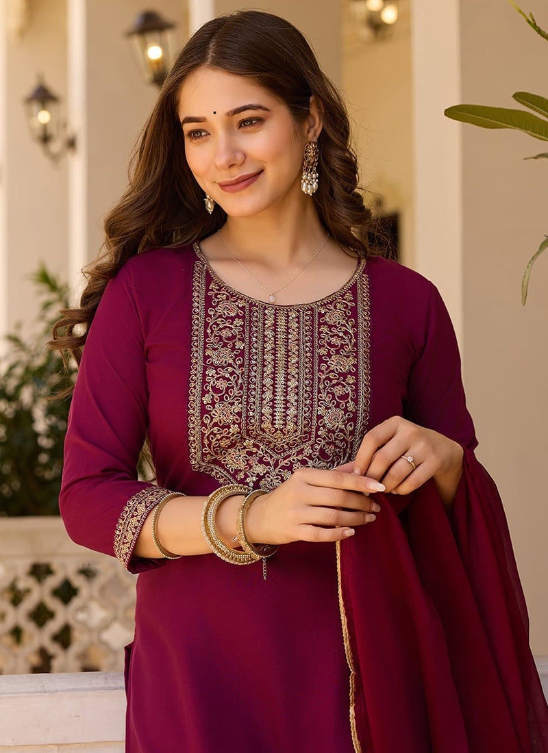 Vellora Rayon Slub Burgundy Casual Wear Sequins Work Readymade Suit | Grocsy