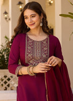 Vellora Rayon Slub Burgundy Casual Wear Sequins Work Readymade Suit | Grocsy