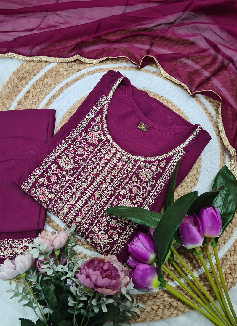 Vellora Rayon Slub Burgundy Casual Wear Sequins Work Readymade Suit | Grocsy