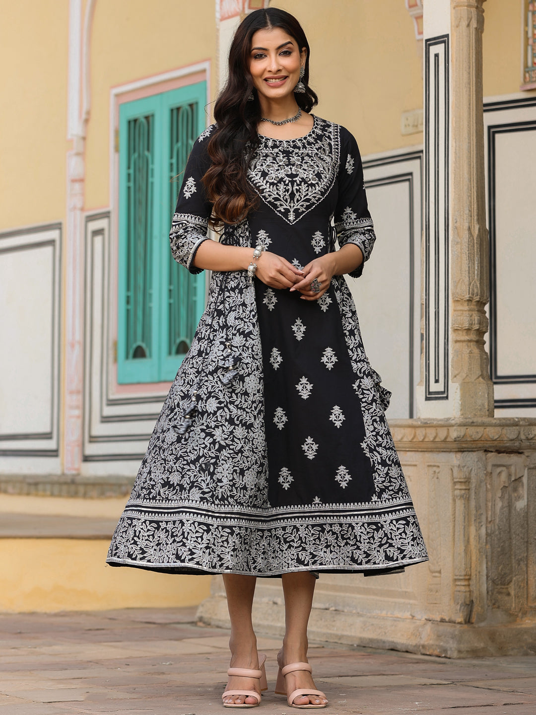 Juniper Black & White Ethnic Motif Printed Pure Cotton Flared Maxi Dress With Beads & Sequins | Grocsy