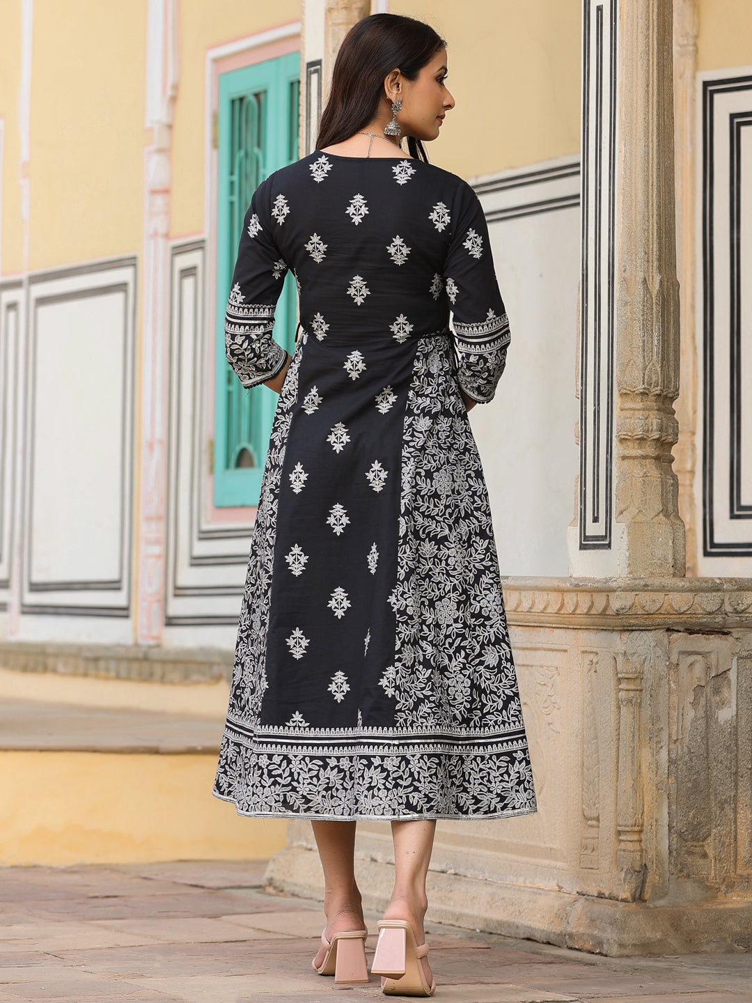 Juniper Black & White Ethnic Motif Printed Pure Cotton Flared Maxi Dress With Beads & Sequins | Grocsy