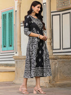 Juniper Black & White Ethnic Motif Printed Pure Cotton Flared Maxi Dress With Beads & Sequins | Grocsy