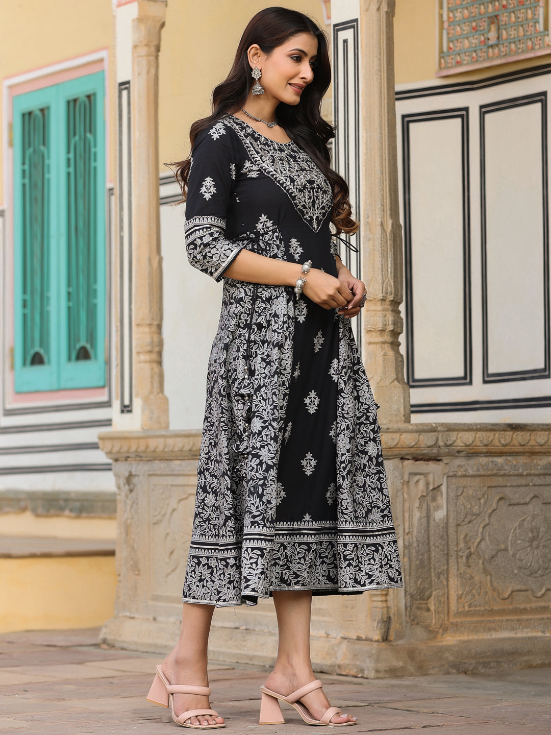 Juniper Black & White Ethnic Motif Printed Pure Cotton Flared Maxi Dress With Beads & Sequins | Grocsy