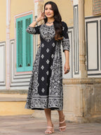 Juniper Black & White Ethnic Motif Printed Pure Cotton Flared Maxi Dress With Beads & Sequins | Grocsy