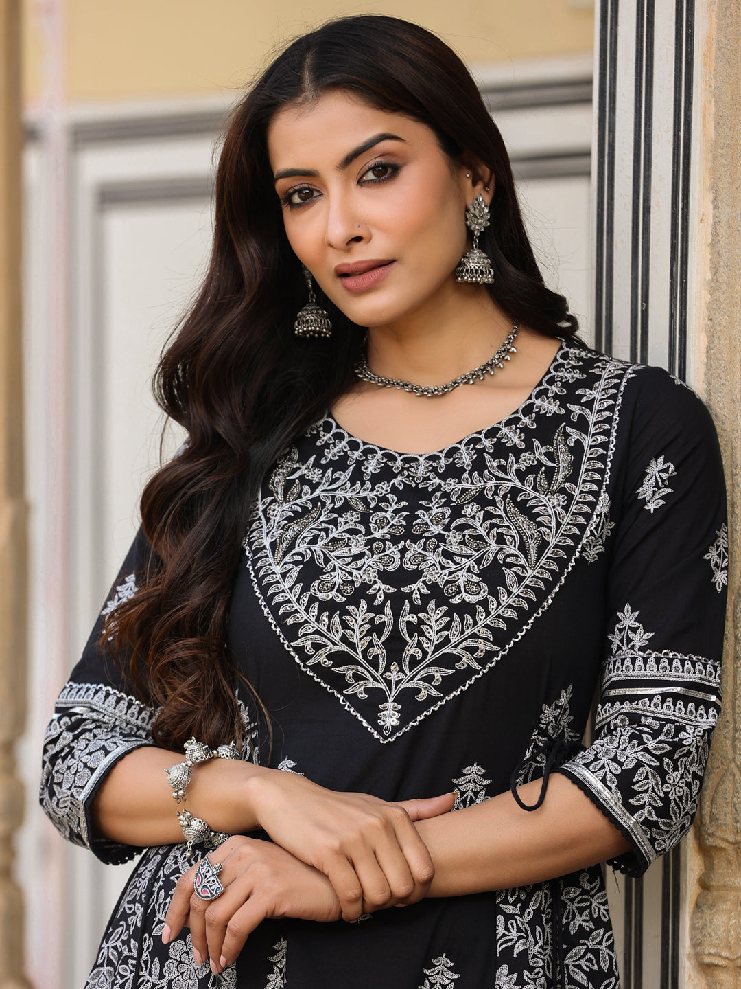 Juniper Black & White Ethnic Motif Printed Pure Cotton Flared Maxi Dress With Beads & Sequins | Grocsy