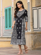 Juniper Black & White Ethnic Motif Printed Pure Cotton Flared Maxi Dress With Beads & Sequins | Grocsy