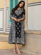 Juniper Black & White Ethnic Motif Printed Pure Cotton Flared Maxi Dress With Beads & Sequins | Grocsy