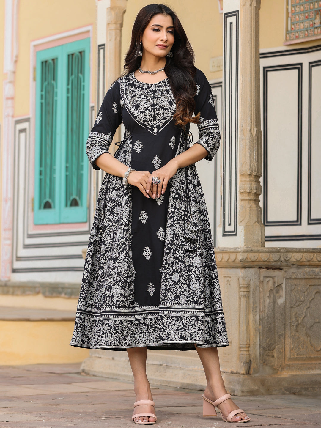 Juniper Black & White Ethnic Motif Printed Pure Cotton Flared Maxi Dress With Beads & Sequins | Grocsy