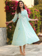 Juniper Mint Ethnic Motif Printed Pure Cotton Flared Maxi Dress With Beads & Sequins | Grocsy