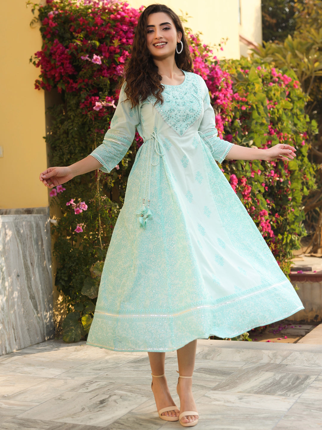 Juniper Mint Ethnic Motif Printed Pure Cotton Flared Maxi Dress With Beads & Sequins | Grocsy