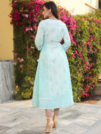 Juniper Mint Ethnic Motif Printed Pure Cotton Flared Maxi Dress With Beads & Sequins | Grocsy