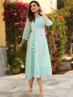 Juniper Mint Ethnic Motif Printed Pure Cotton Flared Maxi Dress With Beads & Sequins | Grocsy
