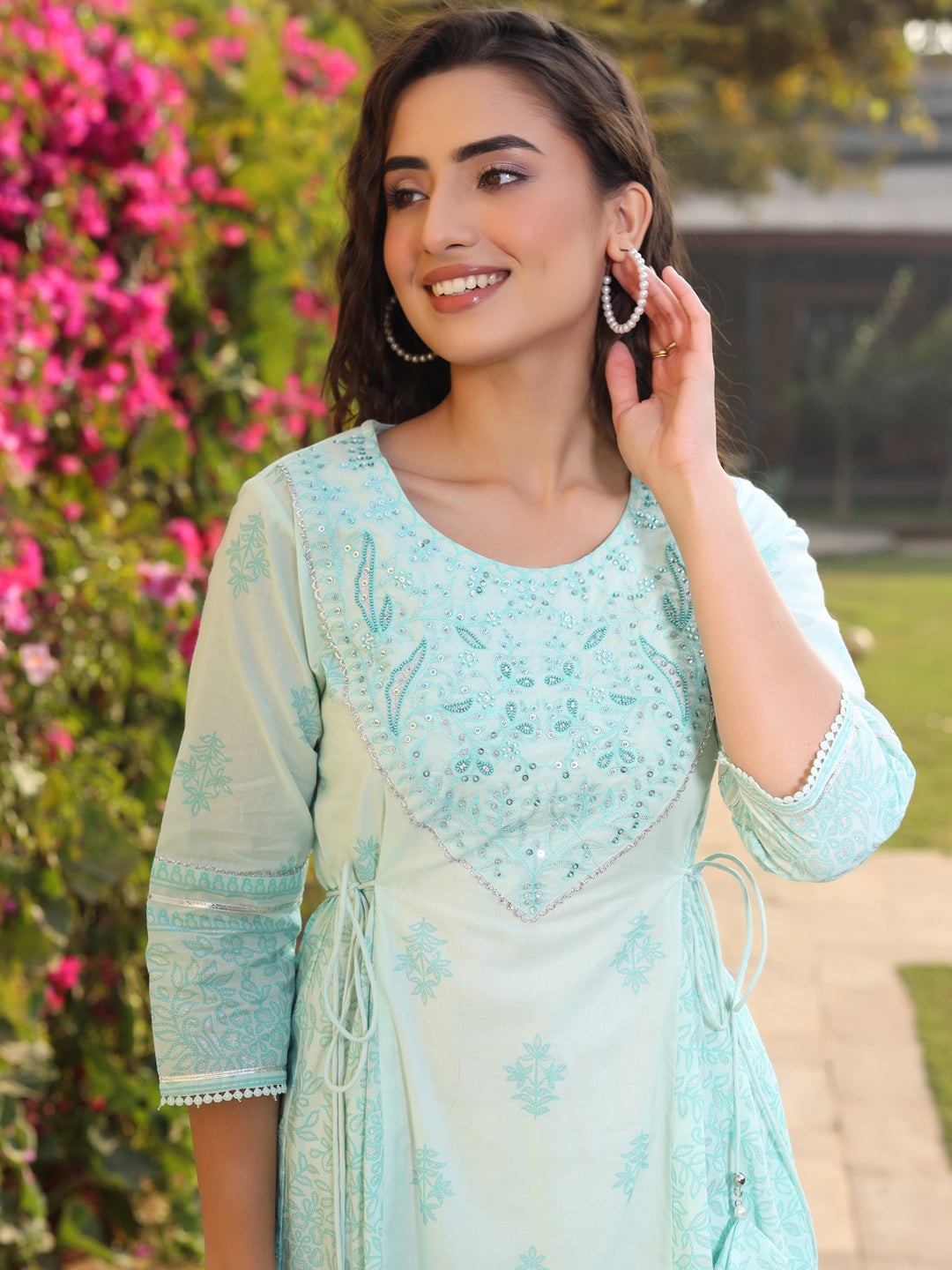 Juniper Mint Ethnic Motif Printed Pure Cotton Flared Maxi Dress With Beads & Sequins | Grocsy