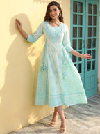 Juniper Mint Ethnic Motif Printed Pure Cotton Flared Maxi Dress With Beads & Sequins | Grocsy