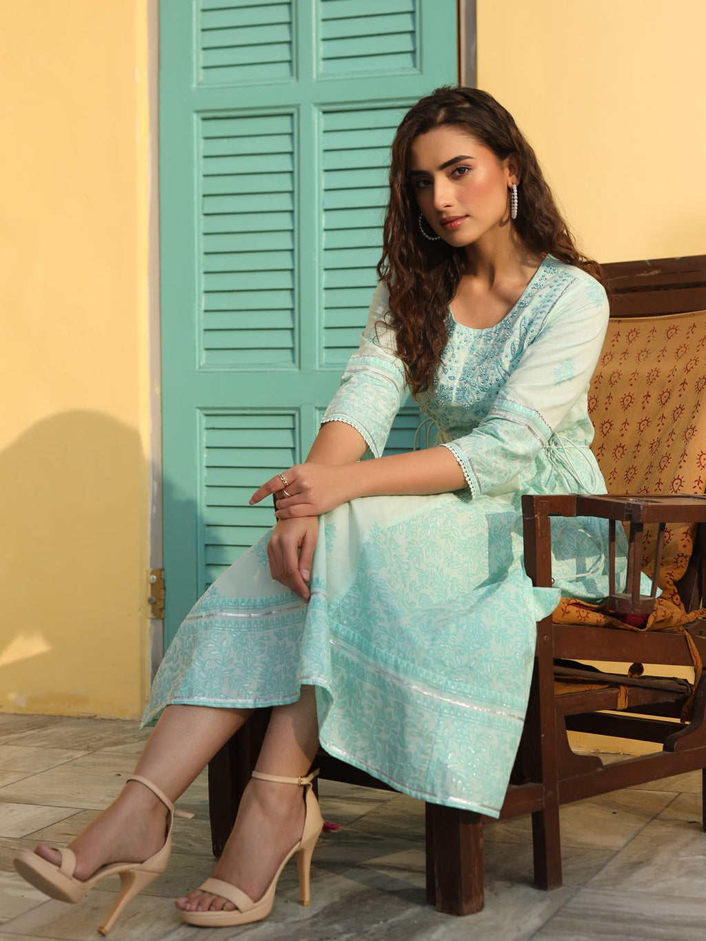 Juniper Mint Ethnic Motif Printed Pure Cotton Flared Maxi Dress With Beads & Sequins | Grocsy
