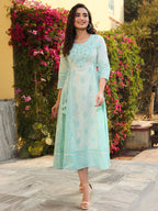 Juniper Mint Ethnic Motif Printed Pure Cotton Flared Maxi Dress With Beads & Sequins | Grocsy