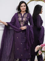 Vellora Rayon Slub Silk Violet Casual Wear Embroidery Readymade Salwar Suit | Grocsy