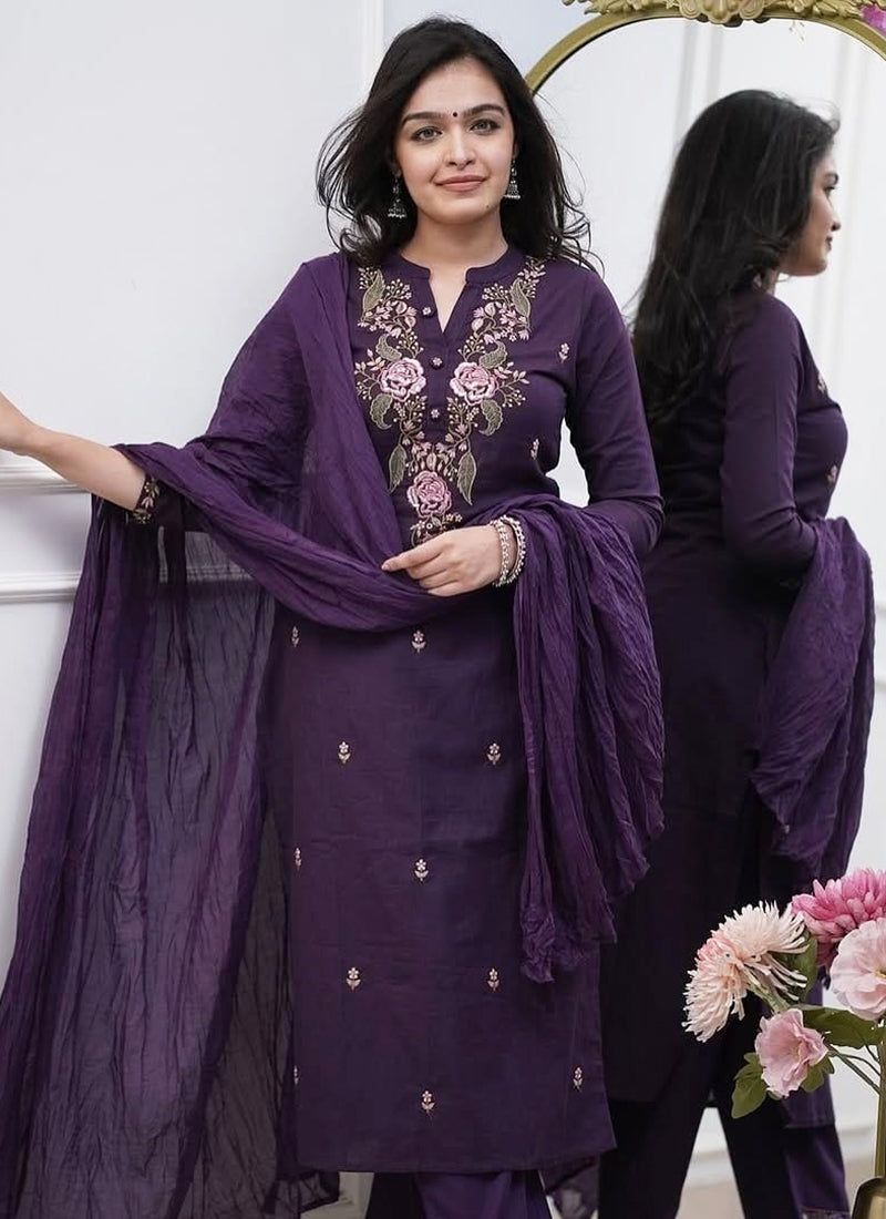 Vellora Rayon Slub Silk Violet Casual Wear Embroidery Readymade Salwar Suit | Grocsy