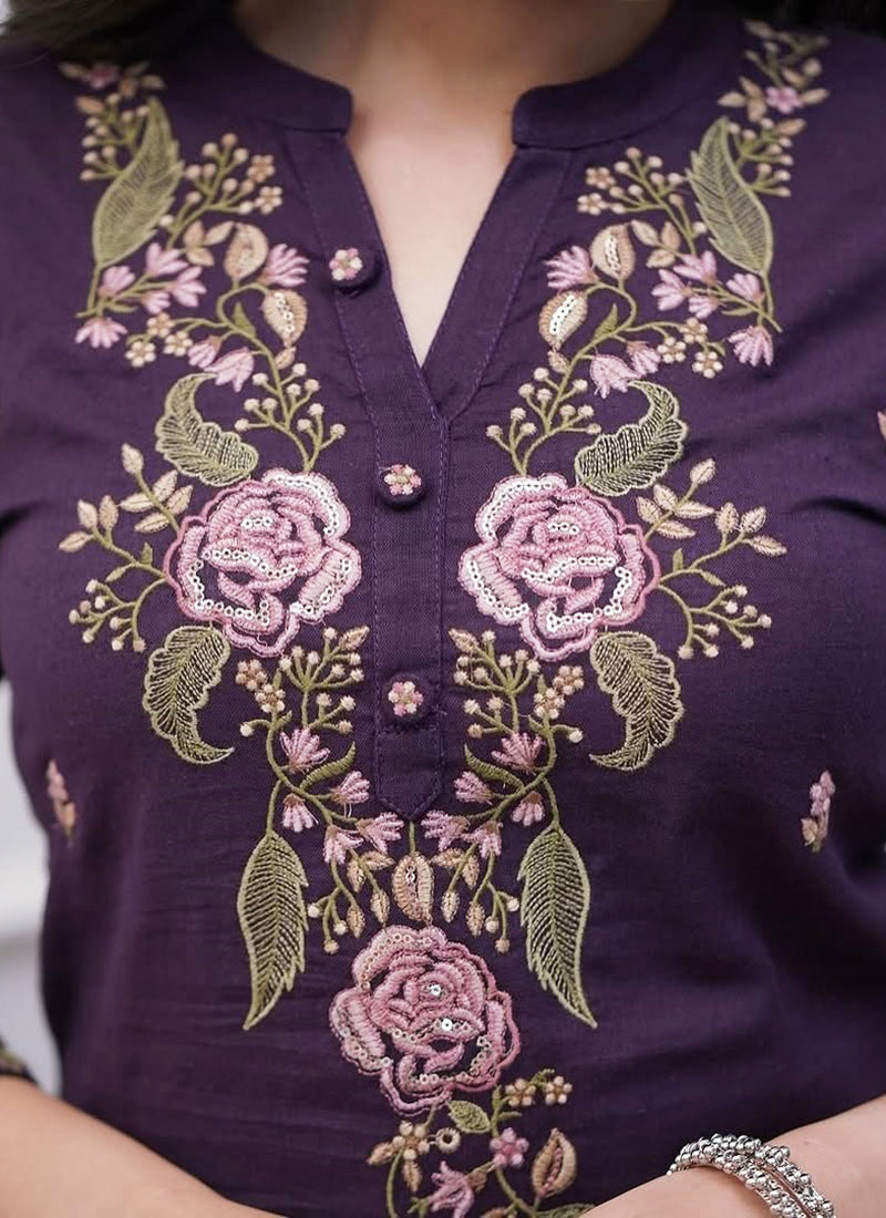 Vellora Rayon Slub Silk Violet Casual Wear Embroidery Readymade Salwar Suit | Grocsy