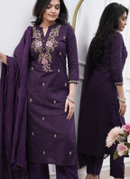 Vellora Rayon Slub Silk Violet Casual Wear Embroidery Readymade Salwar Suit | Grocsy