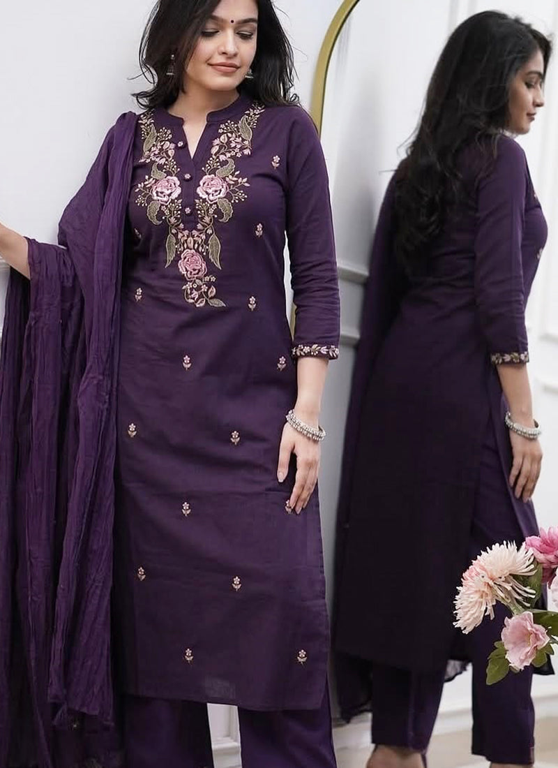 Vellora Rayon Slub Silk Violet Casual Wear Embroidery Readymade Salwar Suit | Grocsy
