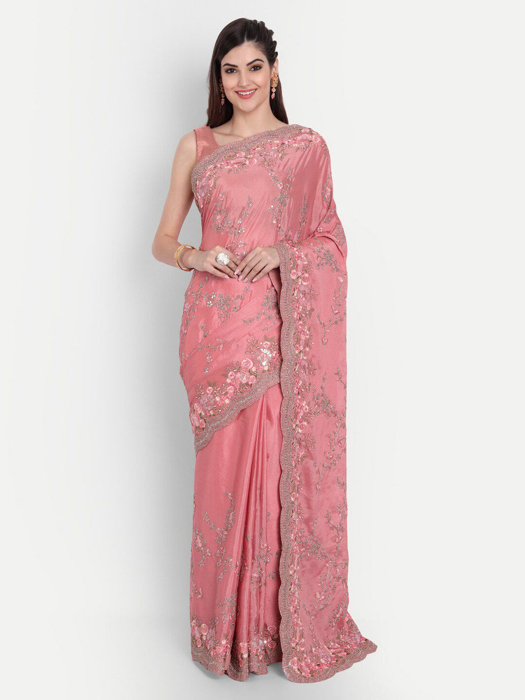 kasee Pink & Silver-Toned Floral Embroidered Pure Chiffon Saree | Grocsy