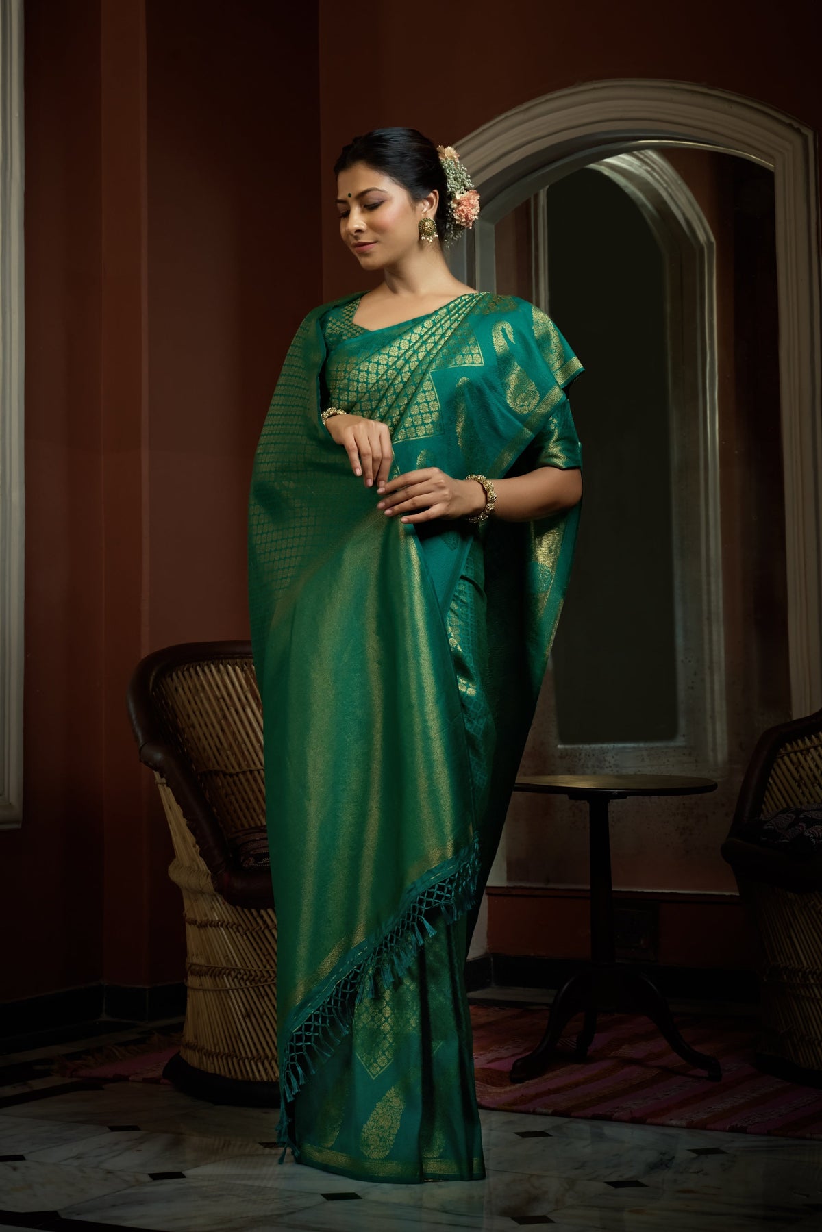 Vardha Teal Green Golden Zari Kanjeevaram Silk Saree | Grocsy