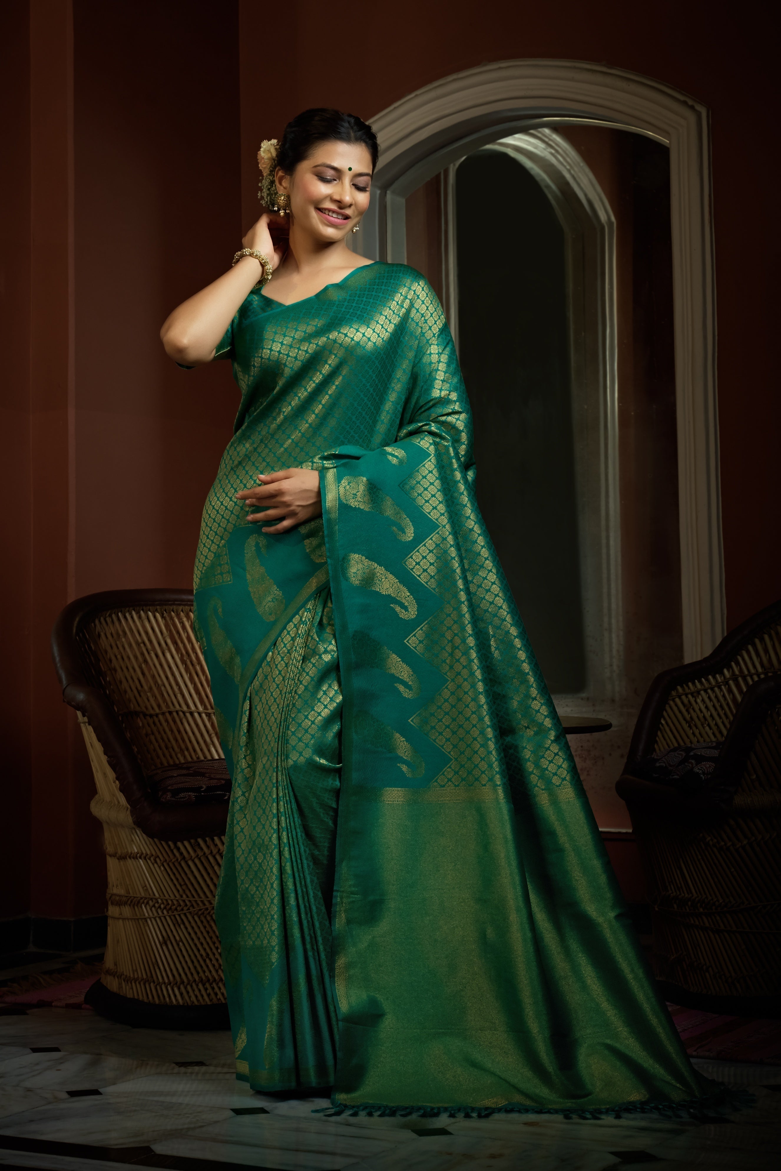 Vardha Teal Green Golden Zari Kanjeevaram Silk Saree | Grocsy
