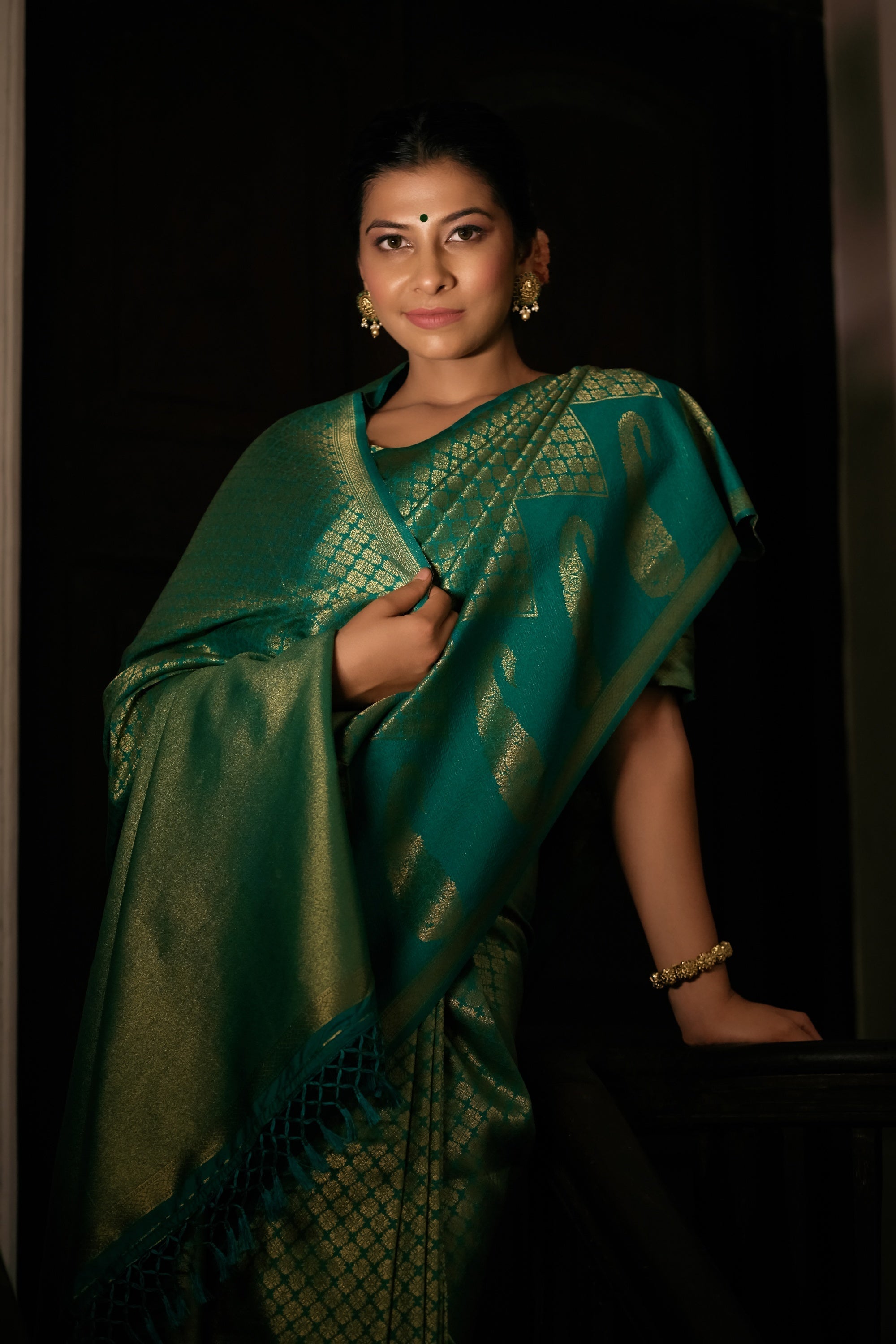 Vardha Teal Green Golden Zari Kanjeevaram Silk Saree | Grocsy