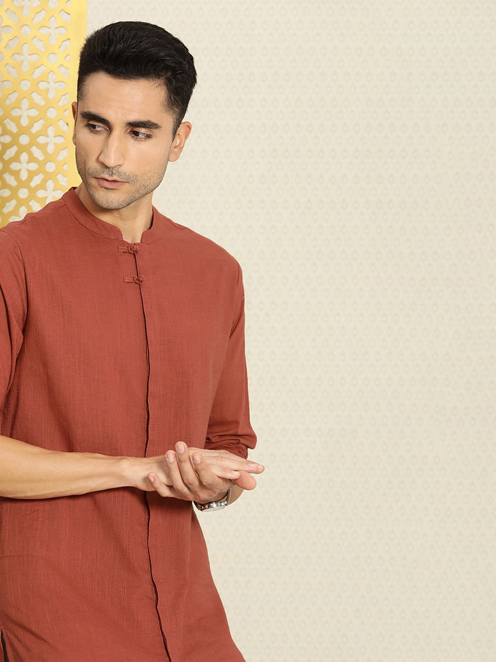 House of Pataudi Men Pure Cotton Solid Straight Mandarin Collar Rozana Kurta | Grocsy