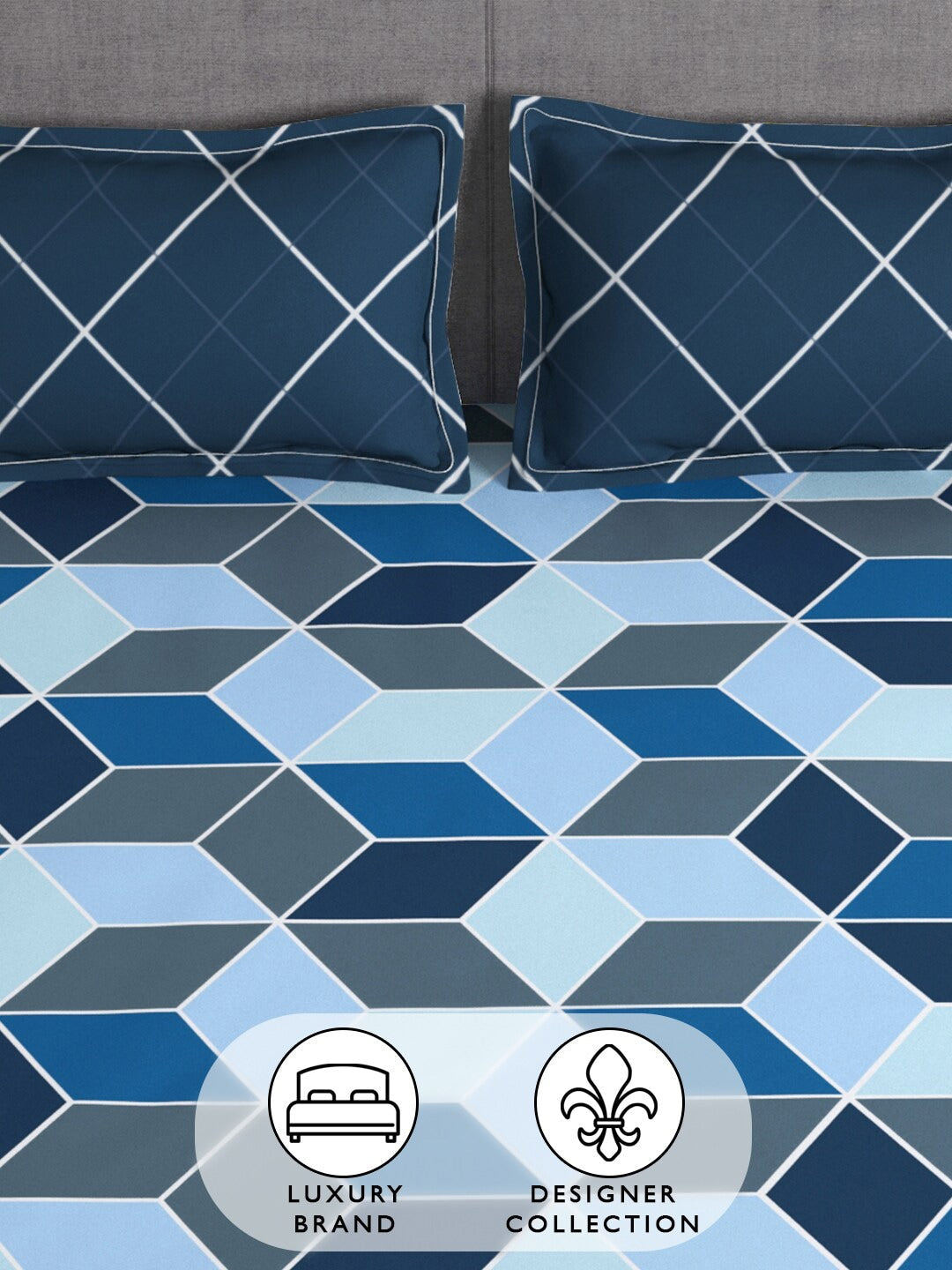Story@home Arena Blue & Grey Geometric Printed 180 TC Queen Bedsheet & 2 Pillow Covers | Grocsy