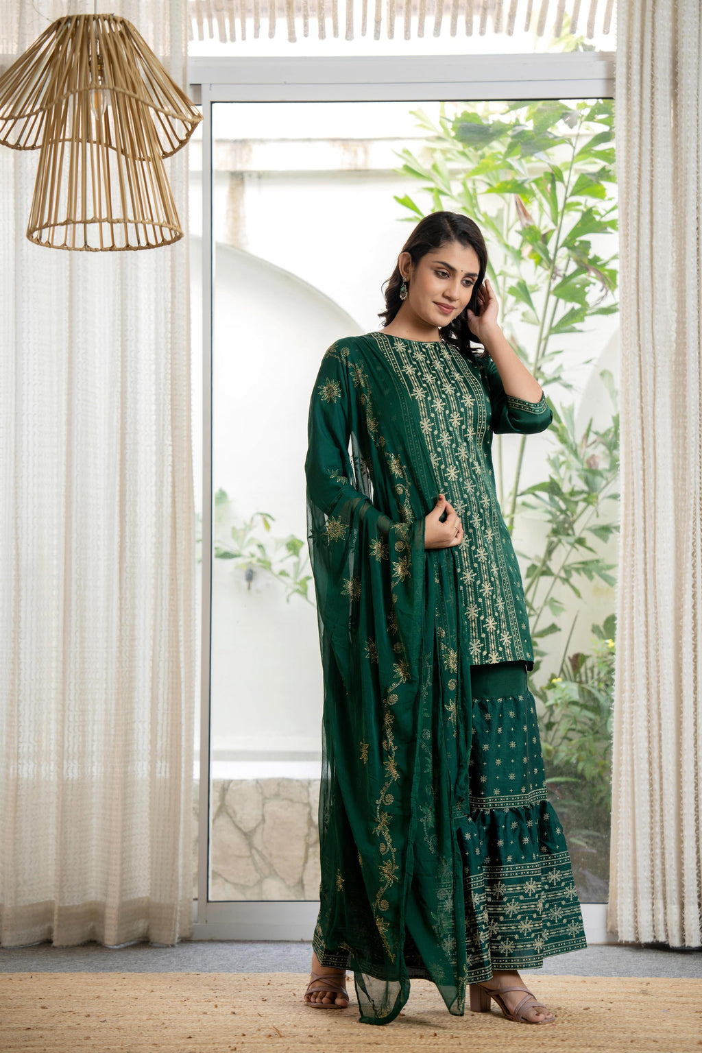 Juniper Women's Green Viscose Rayon Self Design Sharara Set | Grocsy
