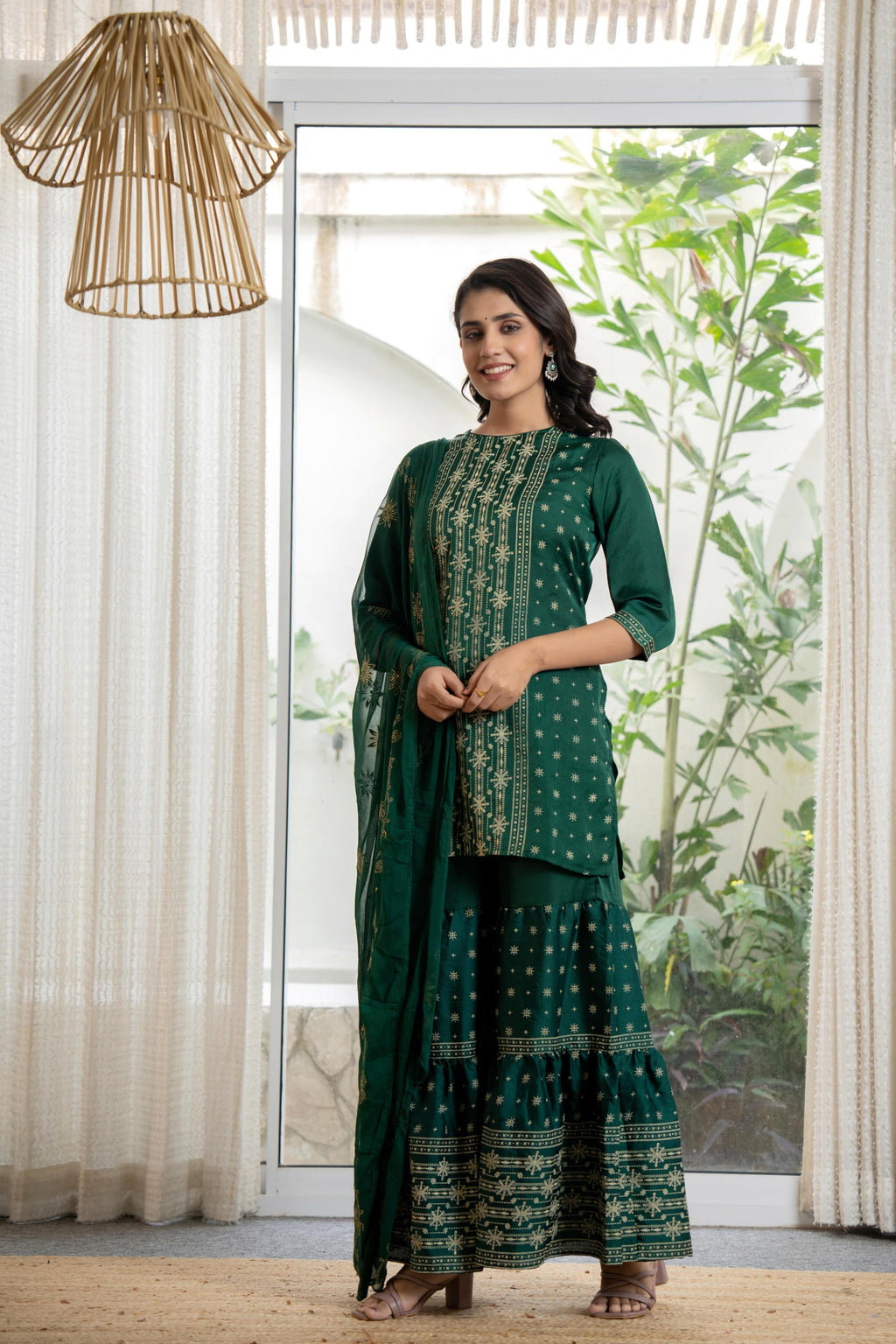 Juniper Women's Green Viscose Rayon Self Design Sharara Set | Grocsy