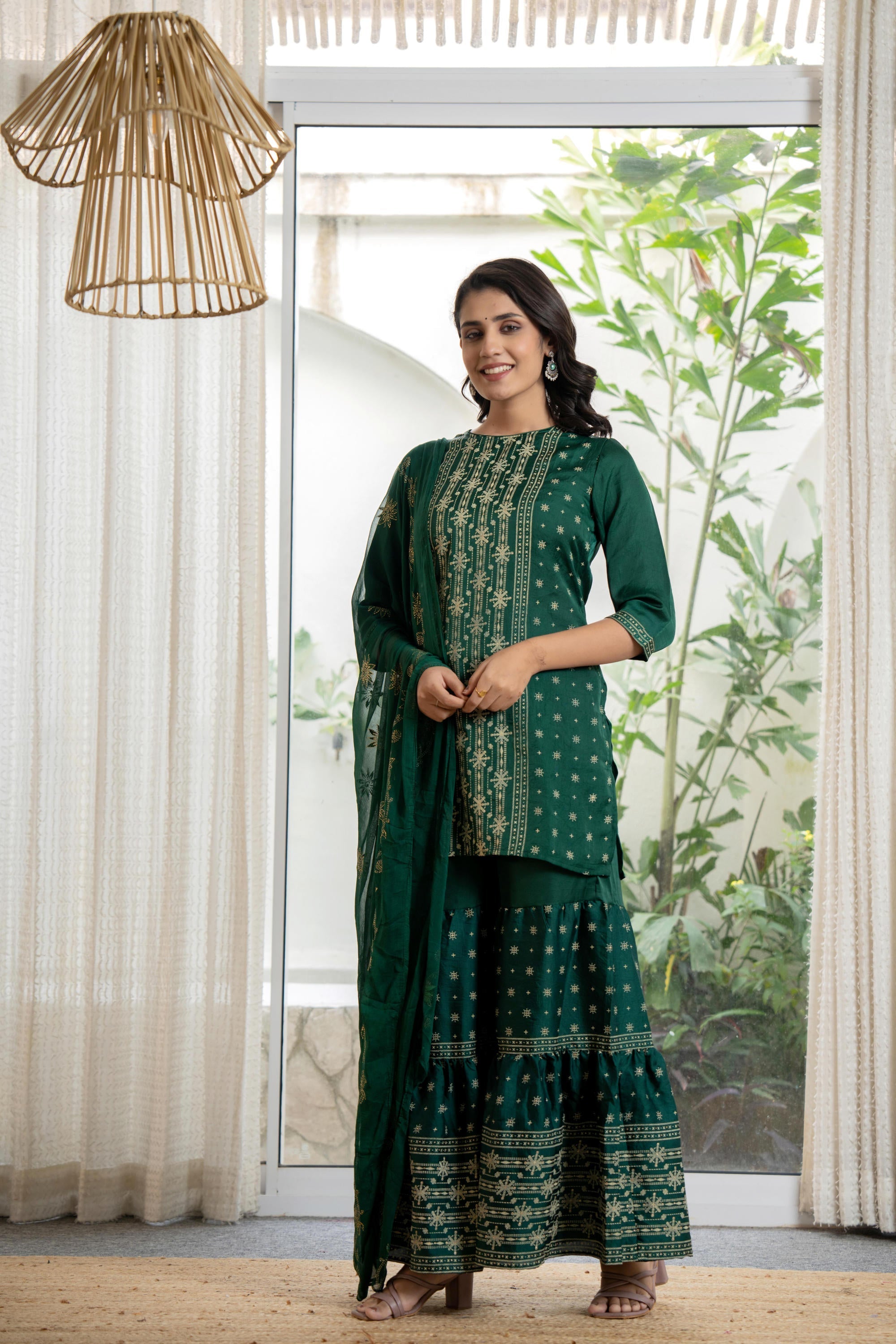 Juniper Women's Green Viscose Rayon Self Design Sharara Set | Grocsy