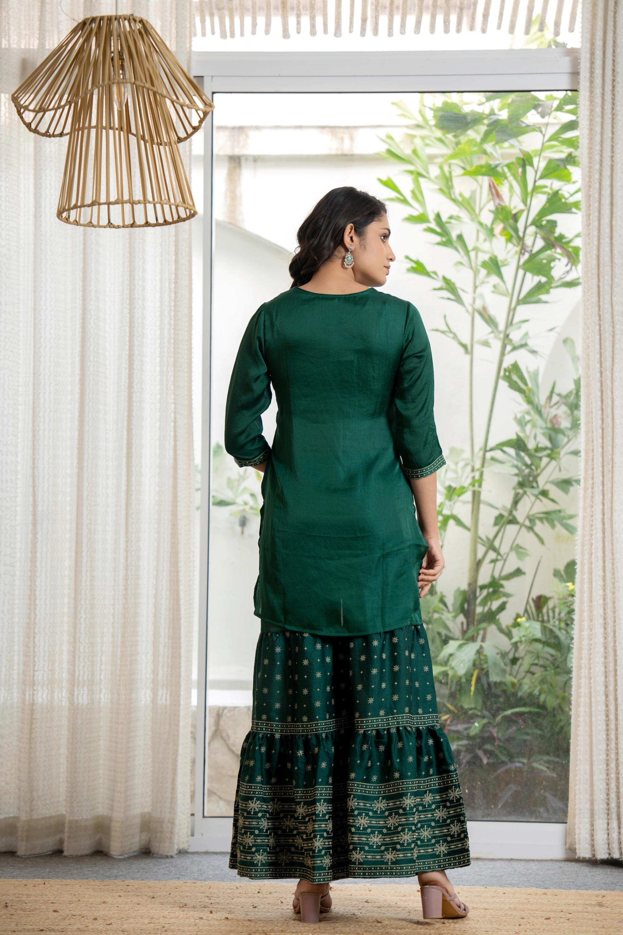 Juniper Women's Green Viscose Rayon Self Design Sharara Set | Grocsy