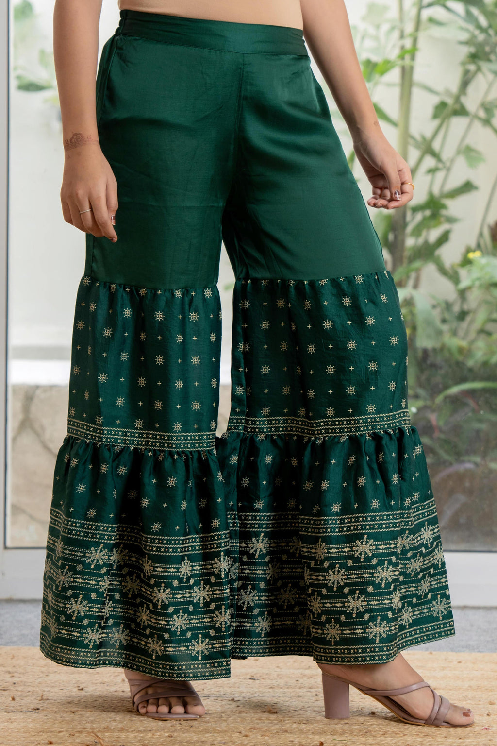 Juniper Women's Green Viscose Rayon Self Design Sharara Set | Grocsy