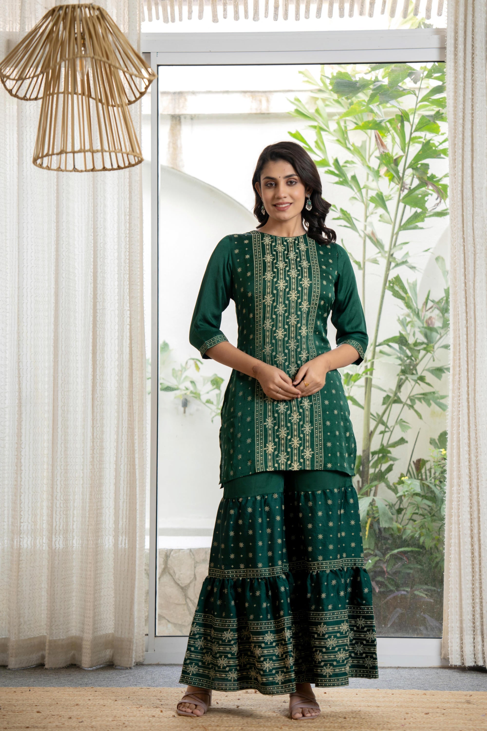 Juniper Women's Green Viscose Rayon Self Design Sharara Set | Grocsy